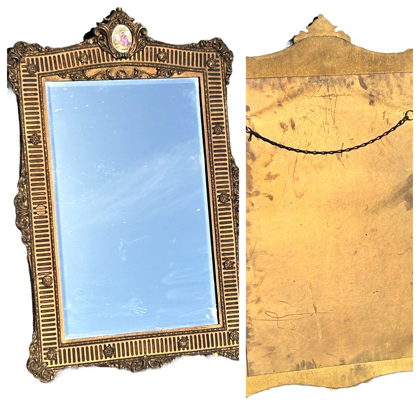 Sold Out - French Rococo gilt framed wall mirror rectangular porcelain surmount “Fragonard” 19th century inspired