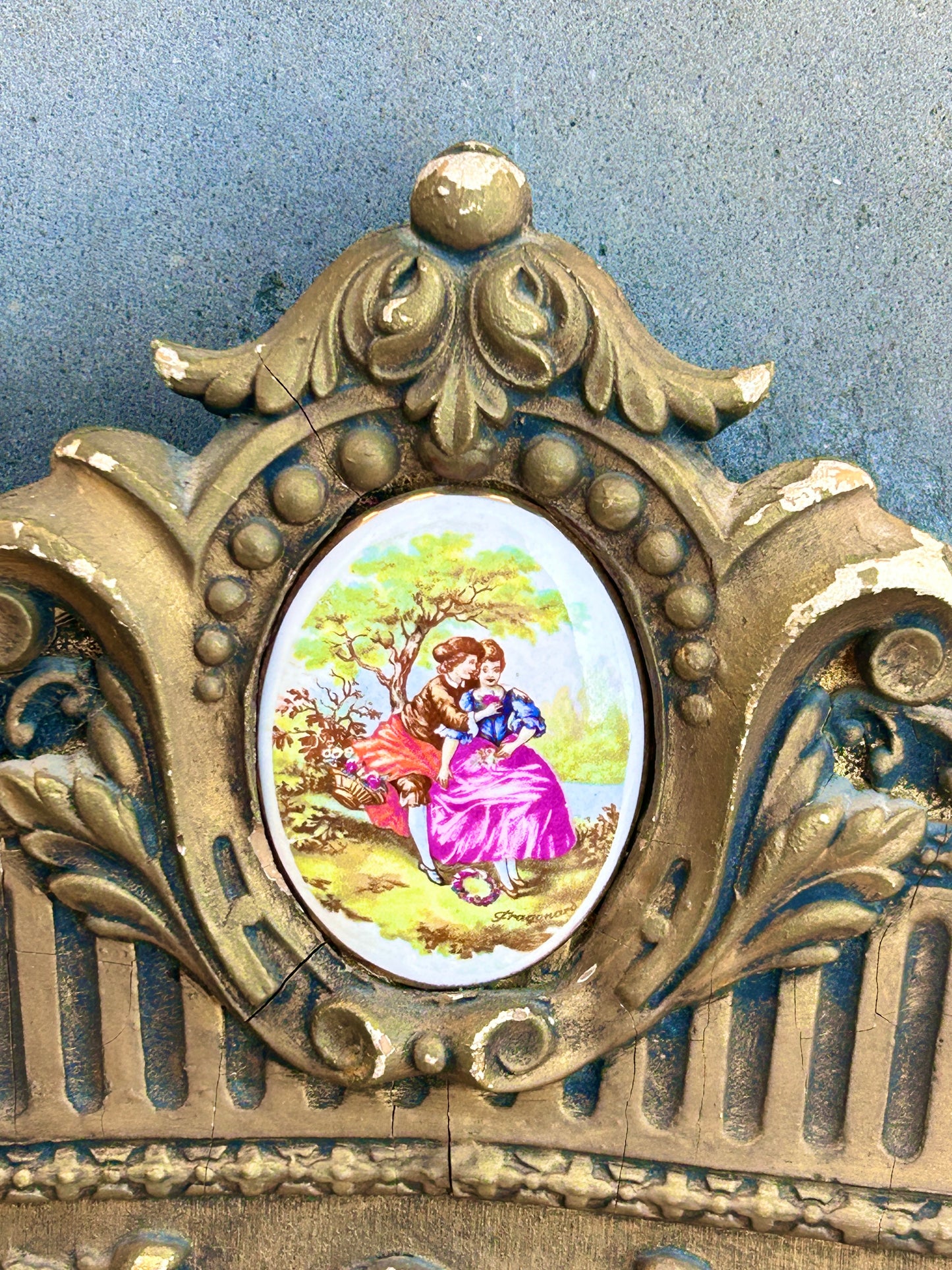 Sold Out - French Rococo gilt framed wall mirror rectangular porcelain surmount “Fragonard” 19th century inspired