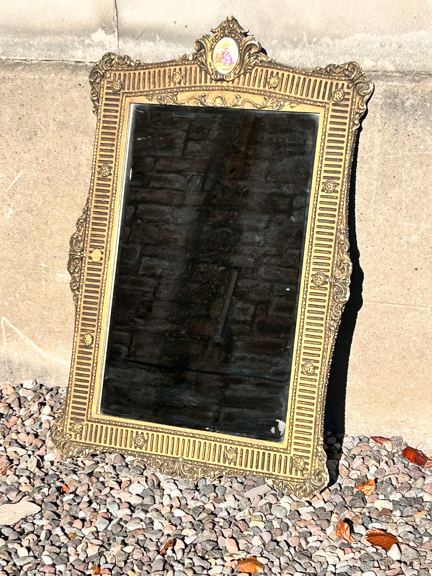 Sold Out - French Rococo gilt framed wall mirror rectangular porcelain surmount “Fragonard” 19th century inspired